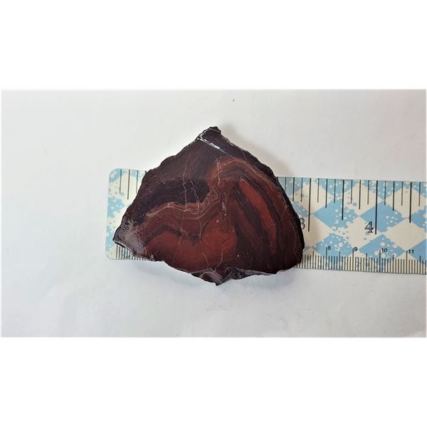 6)  TIGER IRON AGATE SLICE MINERAL SPECIMEN WEIGHS 81.5 GRAMS, APPROX 2.5" X 2".  COLLECTIBLES