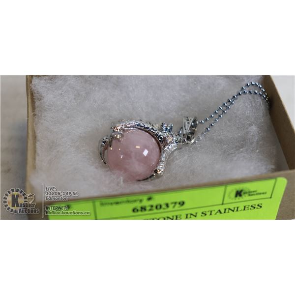 ROSE QUARTZ STONE IN STAINLESS CLAW NECKLACE 925 STAMPED WITH 3 RHINESTONES