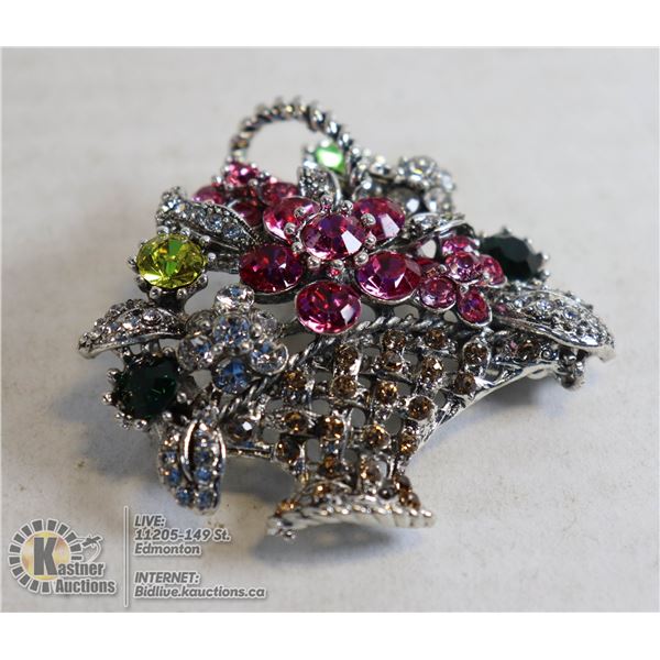 FLOWER BASKET WITH DANGLY FLOWER RHINESTONE BROOCH