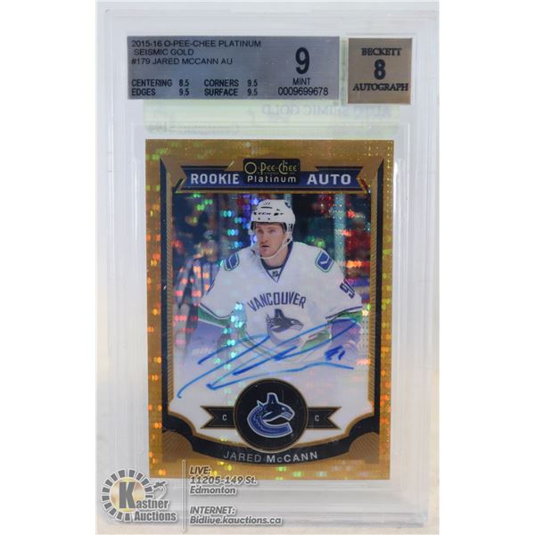2015-16 OPC PLATINUM ROOKIE AUTO SEIMIC GOLD JARED MCCANN BECKETT GRADED 9 WITH 8 AUTO NUMBER 22 OF 
