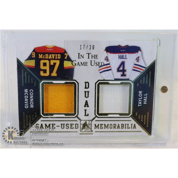 2014-15 ITG CONNOR MCDAVID AND TAYLOR HALL DUAL GAME USED MEMORABILIA NUMBER 17 OF 30
