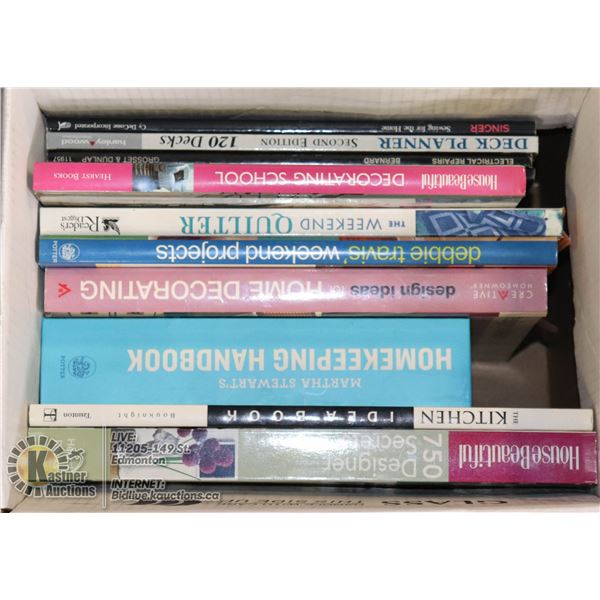 BOX OF HOME DESIGN BOOKS, INCLUDES MARTHA STEWART, DEBBIE TRAVIS & MORE