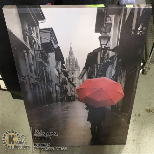 LARGE CANVAS BLACK & WHITE EUROPEAN STREET SCENE WITH RED UMBRELLA