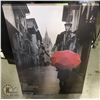 Image 1 : LARGE CANVAS BLACK & WHITE EUROPEAN STREET SCENE WITH RED UMBRELLA