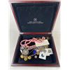Image 1 : WOOD BOX WITH VINTAGE JEWELRY, COINS AND MILITARY MISC. BUTTONS ETC.