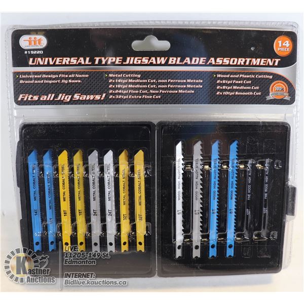 NEW 14PC UNIVERSAL TYPE JIGSAW BLADE ASSORTMENT SET. INCLUDES BLADES FOR WOOD, METAL, FINE WOOD