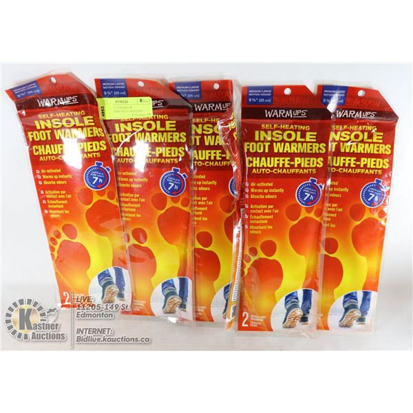 UNCLAIMED 5 PACKS OF MEDIUM/LARGE SELF-HEATING INSOLE FOOT WARMERS