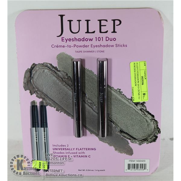 JULEP EYESHADOW DUO CR?ME TO POWDER EYESHADOW STICKS . COLOURS: TAUPE SHIMMER & STONE. AUTHENTIC