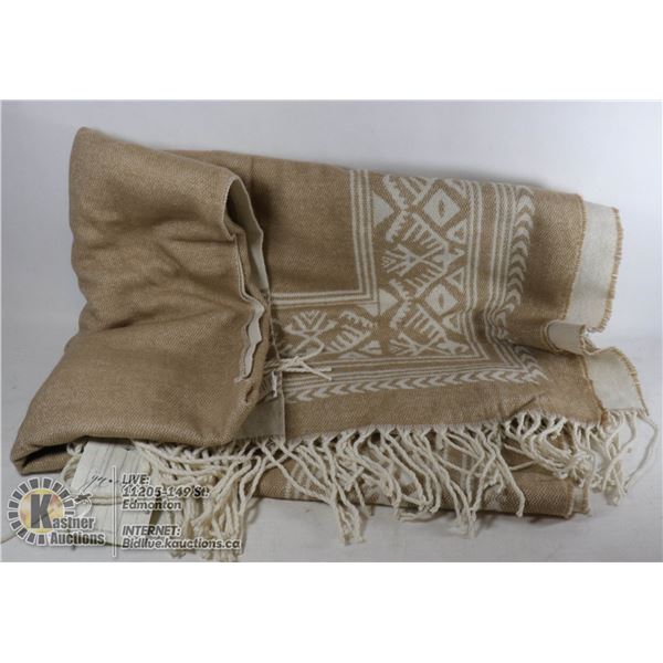 SHAWL – MADE IN ITALY “YU*EDIT” AZTEC PRINT (BEIGE IN COLOR) 100% ACRYLIC – HAND WASH
