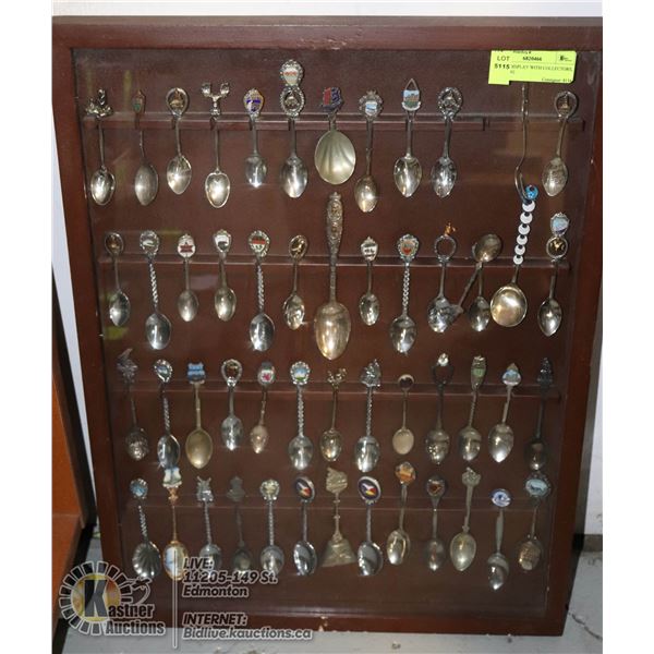 LARGE DISPLAY WITH COLLECTORS, STERLING AND FABERGE SPOONS