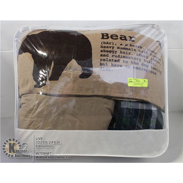 BEAR MOTIF FLANNEL SHEETS PILLOW CASES SET W/ BEAR DECORATIVE BEAR PILLOW