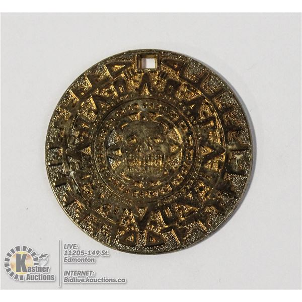 VINTAGE BRASS MAYAN COIN PENDANT 2 INCHES WIDE
