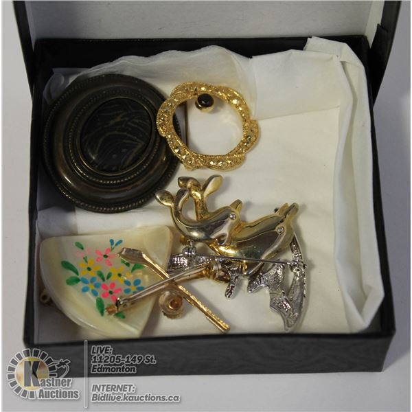 BOX OF ESTATE BROOCHES DOLPHINE AND MORE DOLPHINS, CURLING BROOCH AND MORE