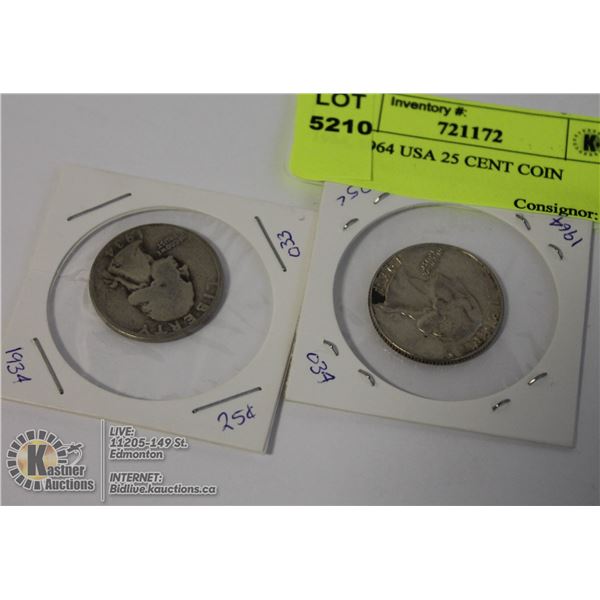 1934, 1964 USA 25 CENT COIN