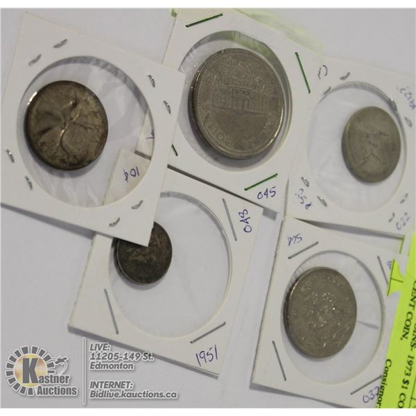 5 CANADIAN COINS- 1973 $1 COIN, 1979 50 CENT COIN, 1968 25 CENT PIECE, 1951 DIME, 1912? QUARTER