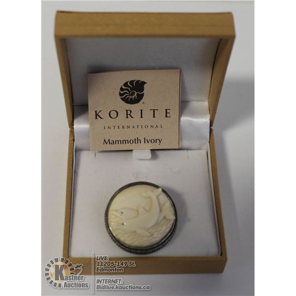 KORITE .925 STERLING FOSSILIZED MAMMOTH IVORY BROOCH OR PENDANT DOLPHINS FILLIGREE SILVER