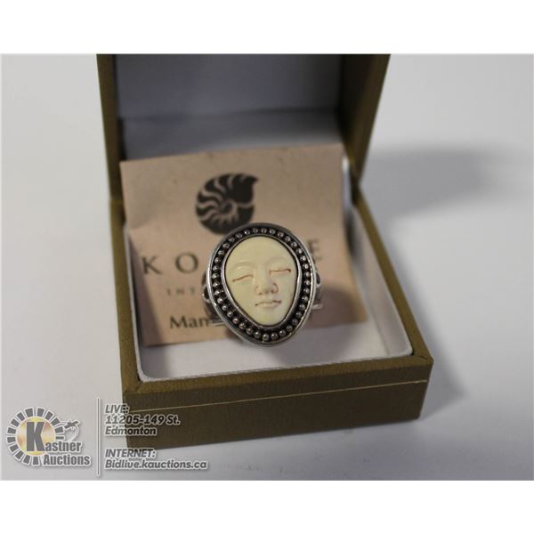 KORITE .925 STERLING FOSSILIZED MAMMOTH IVORY RING SIZE 8.5 GENUINE GARNETS