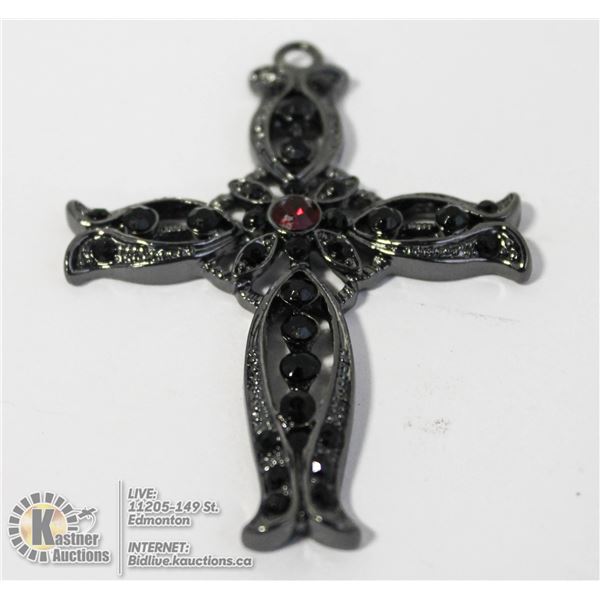 LARGE BLACK CROSS WITH RED STONES IN GIFT BOX
