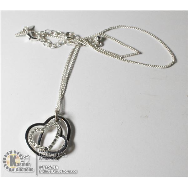 925 STERLING SILVER TRIPLE HEART NECKLACE ONE HEART WITH STONES TWO WITHOUT
