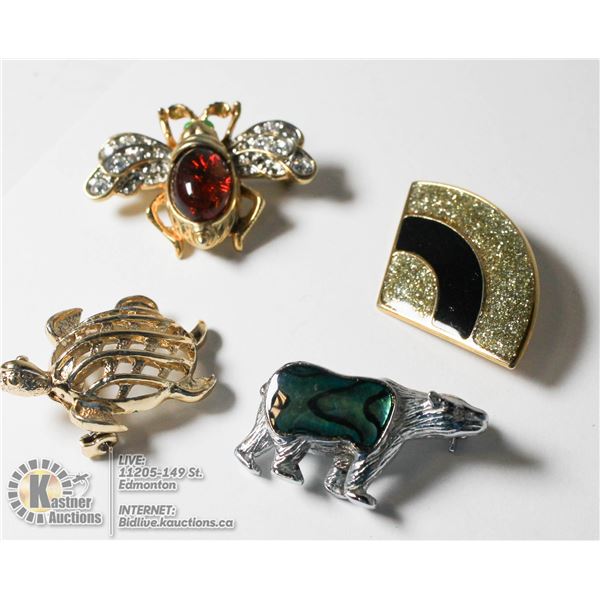 BOX OF ESTATE BROOCHES BEE AND MORE BEE, FAN, TURTLE, AND ABALONE BEAR