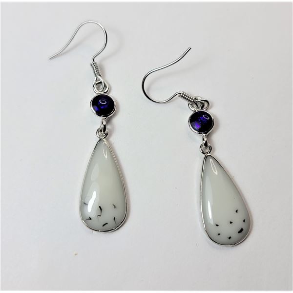 17)  WHITE TURQUOISE AND IOLITE DROP EARRINGS SET IN TIBETAN SILVER