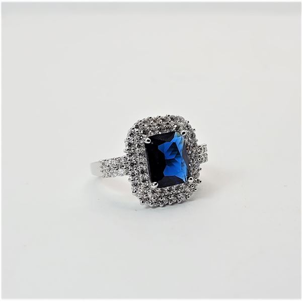 8)  LAB CREATED SQUARE CUT SAPPHIRE AND CLEAR CZ ART DECO INSPIRED RING,  SIZE 8.25