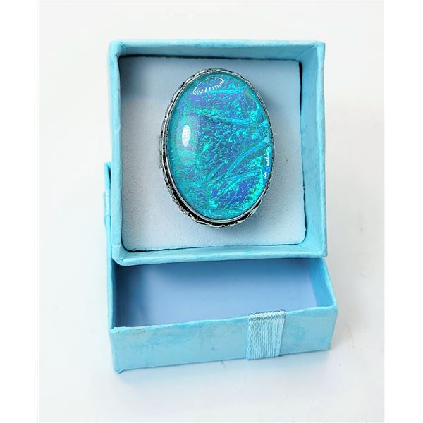 10)  STAMPED 925 SILVER, LARGE OVAL AQUA BLUE AUSTRALIAN FIRE OPAL RING,  SIZE 7.5
