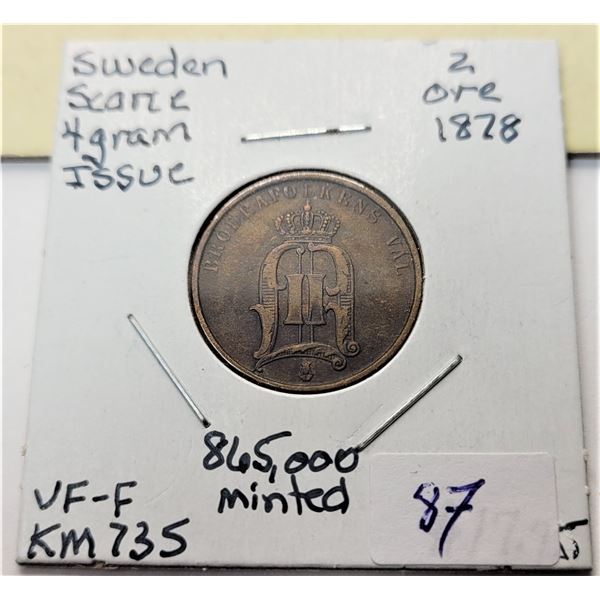 25)  RARE SWEDISH 1878 2 ORE COIN.