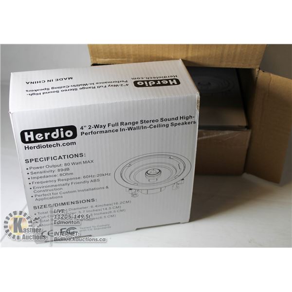 PAIR OF HERDIO 4" 2 WAY FULL RANGE STEREO SOUND WALL/ CEILING SPEAKERS