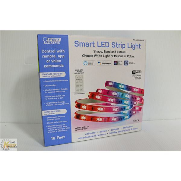 FEIT ELECTRIC SMART LED WIFI CONTROLLED LED STRIP 16 FEET. WORKS WITH ALEXA, GOOGLE & SIRI. COLOUR C