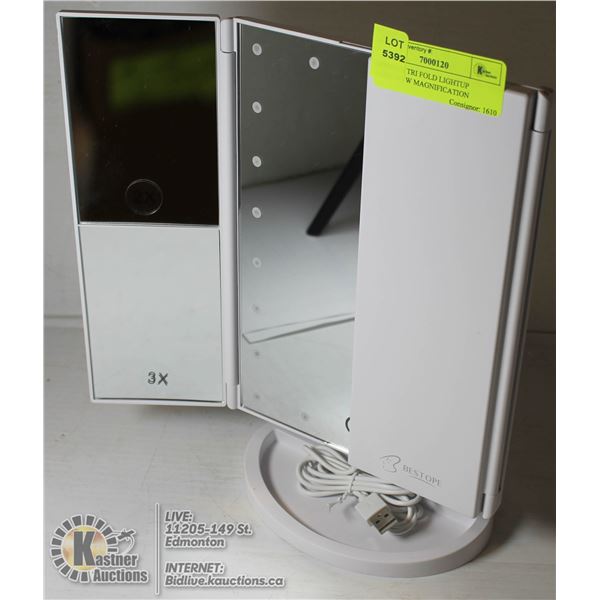 BESTOPE TRI FOLD LIGHTUP MIRROR/ W MAGNIFICATION USB POWERED