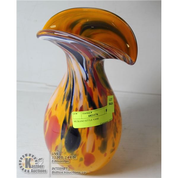 MURANO STYLE VASE HAND BLOWN GLASS, COLORS ARE ORANGE, BLUE, RED WHITE AND MORE