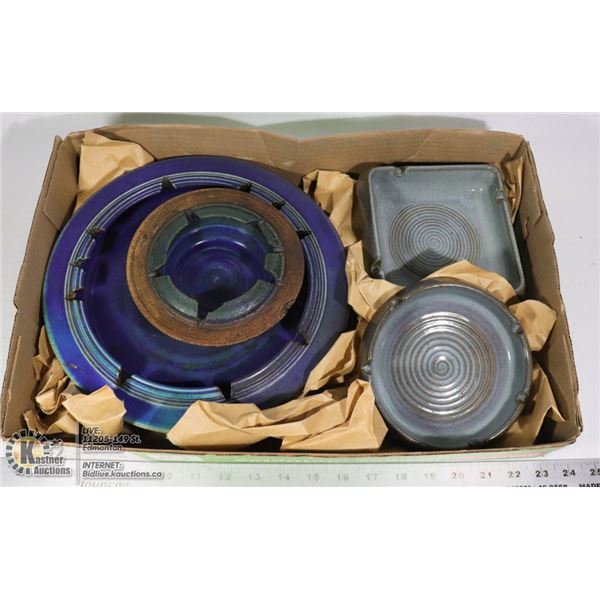 1970'S VINTAGE ASHTRAYS 2 POTTERY ASHTRAYS - SIGNED AND DATED 1973.  LARGE ROUND IS 11 INCHES IN DIA