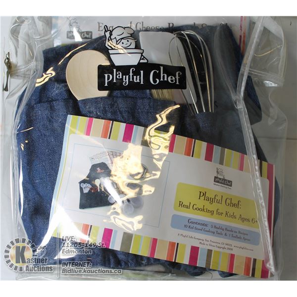 NEW PLAYFUL CHEF COOKING SET COMES WITH RECIPES, TIPS, UTENSILS, APRON ALL COLOR CODED IN A CARRY AL