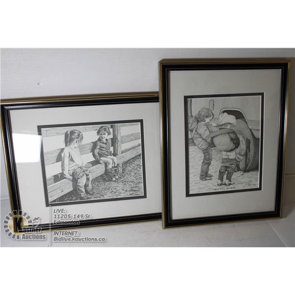 CANADIAN ARTIST B.J. BROWN PRINTS. MATTED AND FRAMED PENCIL SKETCH PRINTS 1994 ""BOYS WILL BE BOYS" 