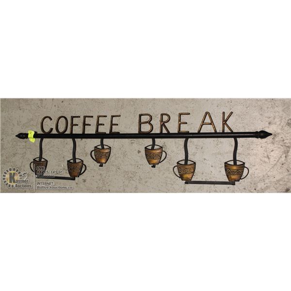 LARGE IRON COFFEE BREAK BAR WITH HOOKS HANGS ON WALL, 43 INCHES WIDE