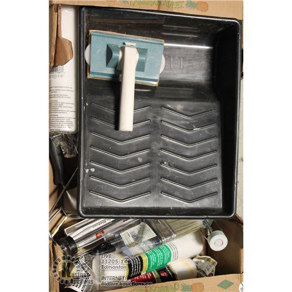 FLAT OF PAINTING SUPPLIES, INCLUDES BRUSHES, TRAYS, ROLLERS.