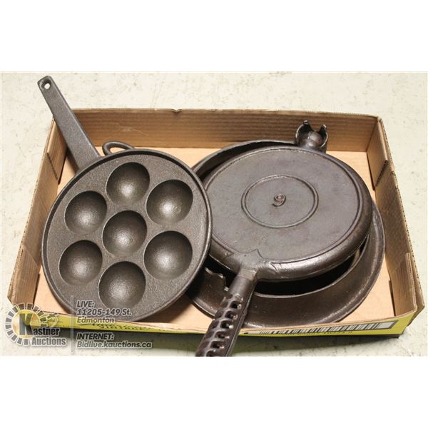 CAST IRON AEBLESKIVER PAN AND VINTAGE CAST IRON WAFFLE MAKER .  OUTDOORS.     COLLECTIBLES.