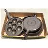 Image 1 : CAST IRON AEBLESKIVER PAN AND VINTAGE CAST IRON WAFFLE MAKER .  OUTDOORS.     COLLECTIBLES.
