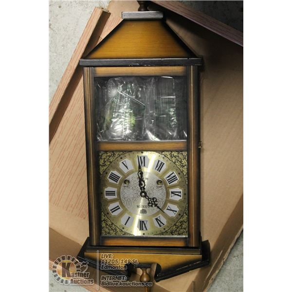 LUMUX CHIMING WALL CLOCK LUMUX 31 DAY CHIMING WALL CLOCK, TWO TONE DARK AND LIGHTER BROWN COLOUR.  P