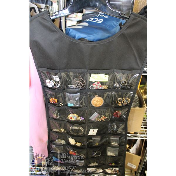 LARGE HANGING JEWELRY ORGANIZER WITH ESTATE JEWELR WATCHES, BROOCHES, RINGS, BRACELETS AND NECKLACES