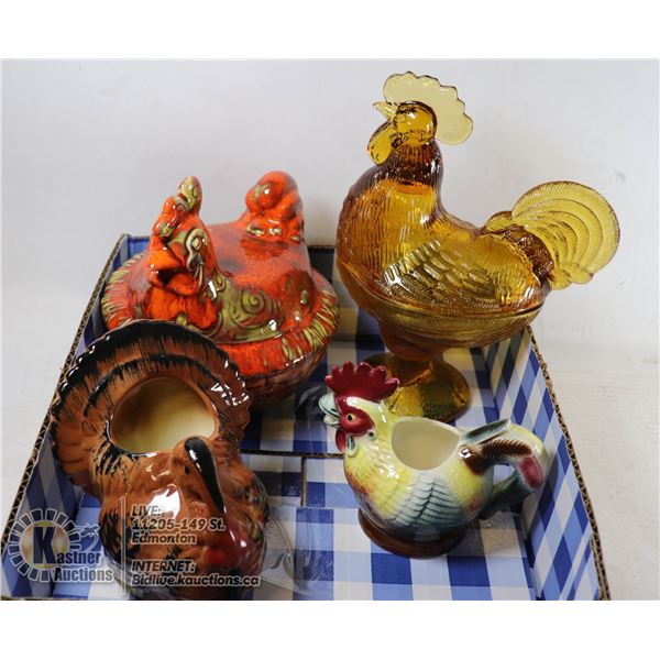 CHICKEN LOT. VINTAGE AMBER GLASS 9" ROOSTER CANDY DISH; CERAMIC HEN ON NEST, OTHERS.     COLLECTIBLE