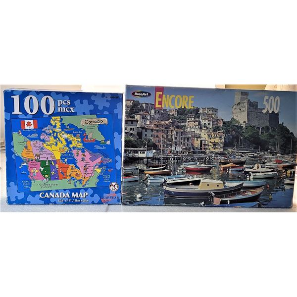 4)   LOT OF 2 FACTORY SEADED PUZZLES, 100 PCE CANADA MAP AND 500 PCE LERICI, ITALY