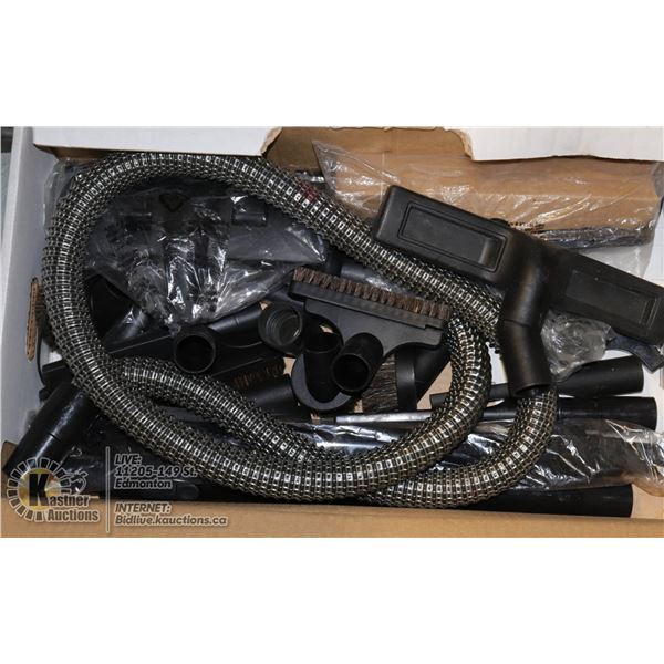 BOX FULL OF VACUUM PARTS AND HOSE INCL. NEW EXTENDABLE WANDS, NEW FLOOR ATTACHMENTS, OTHER NEW ACCES