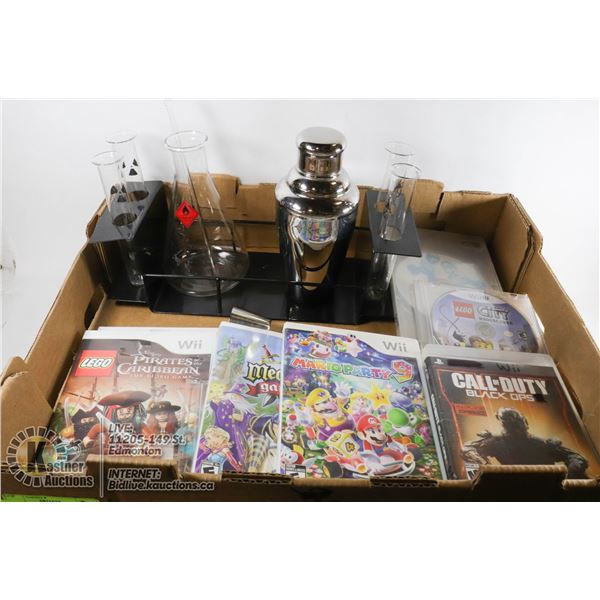 FLAT WITH CHEMIST'S COCKTAIL KIT AND 9 WII GAMES INCLUDING MEDIEVAL GAMES, MARIOKART, MARIO PARTY, C