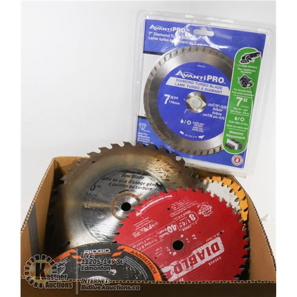 BOX OF VARIOUS NEW AND USED BLADES - NEW AVANTI PRO 7 INCH DIAMOND TURBO BLADE, 5/8 INCH ARBOR, NEW 