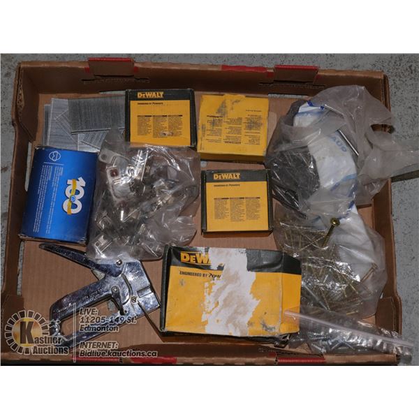 FLAT OF NEW HARDWARE - 1 BOX OF DEWALT 1/4 IN. X 2 IN. ZAMAC NAIL-IN MUSHROOM HEAD NAILS, 3 BOXES DE