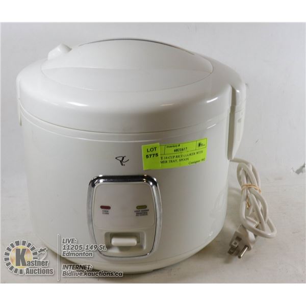 WHITE 14-CUP RICE COOKER WITH STEAMER TRAY, SPOON AND INSTRUCTION BOOK (WORKING)