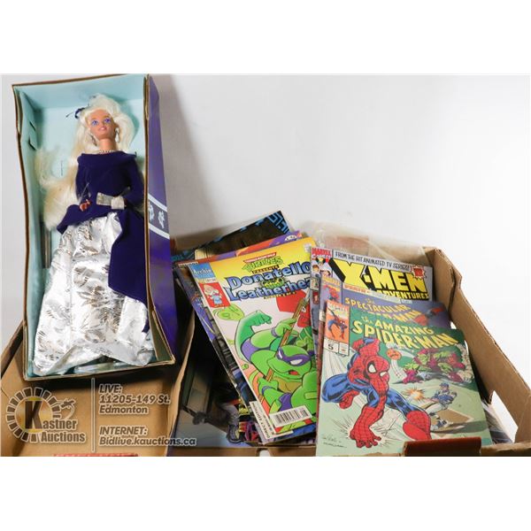 FLAT WITH COLLECTIBLE VINTAGE AVON WINTER VELVET (1ST IN SERIES) BARBIE & 20 COLLECTIBLE COMICS