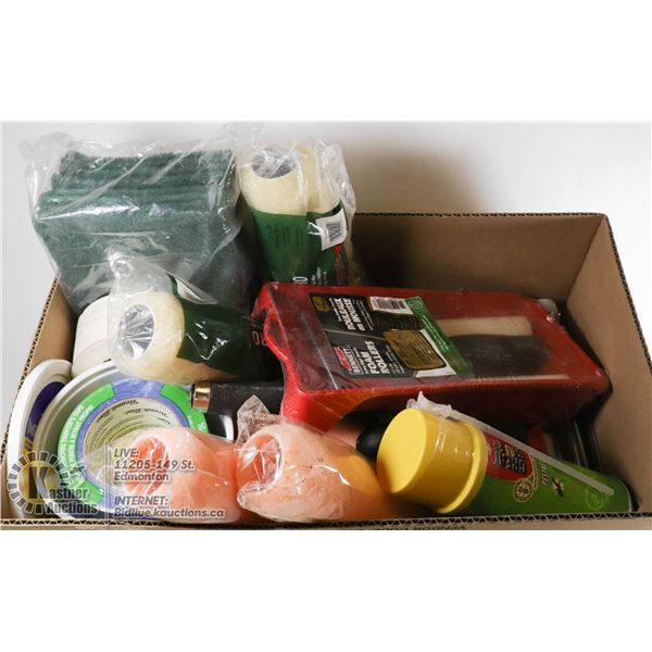 LARGE BOX OF NEW PAINTING SUPPLIES AND TOOLS - NEW PAINTER'S TAPE, NEW PESTBLOCK GREAT STUFF FOAM, N
